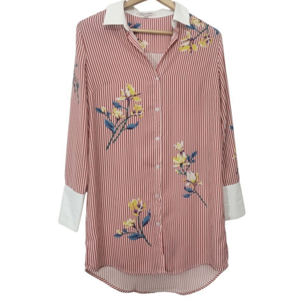 Jealous Tomato Floral Striped Tunic Shirt Sz S Casual Vent Back Loose Fit